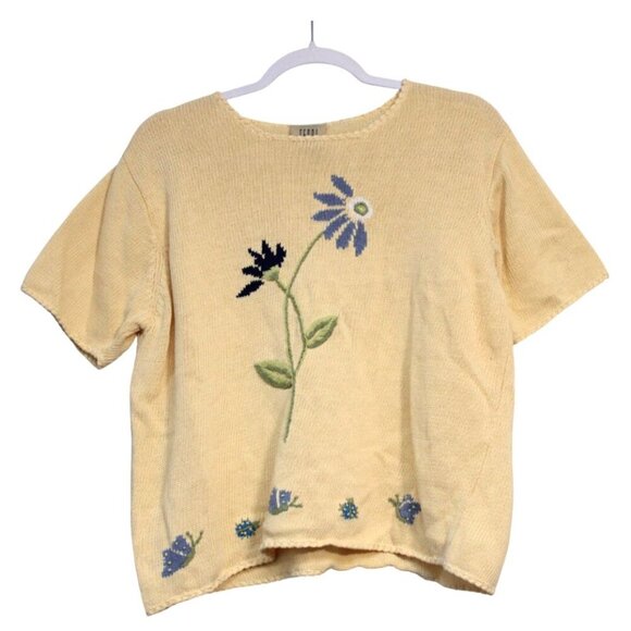 Vintage Knit Blouse Petite Large Butter Yellow Flower Butterfly Ramie 90s Retro - Picture 1 of 8